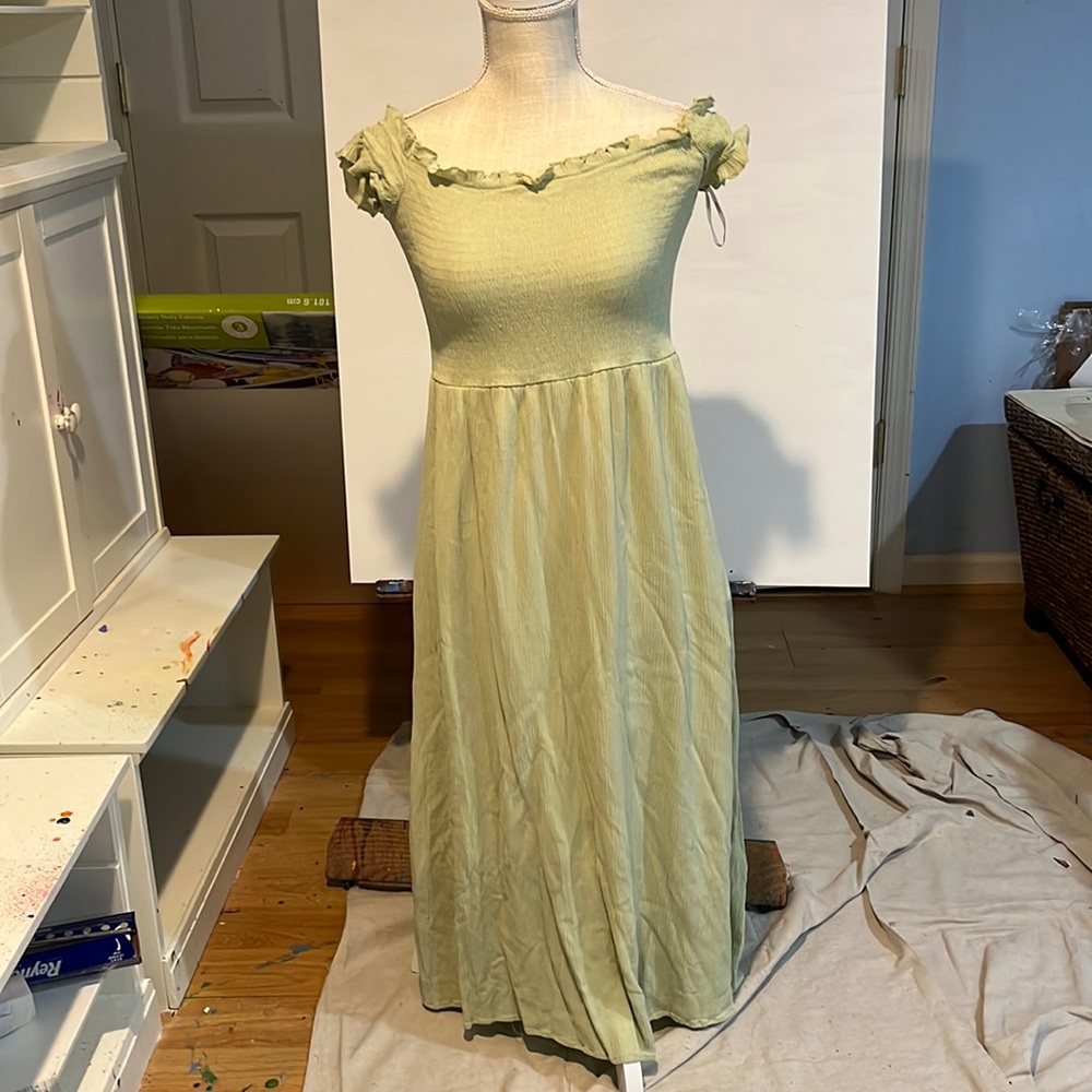 Forever 21 Smocked Sage Green Off the Shoulder Midi Dress